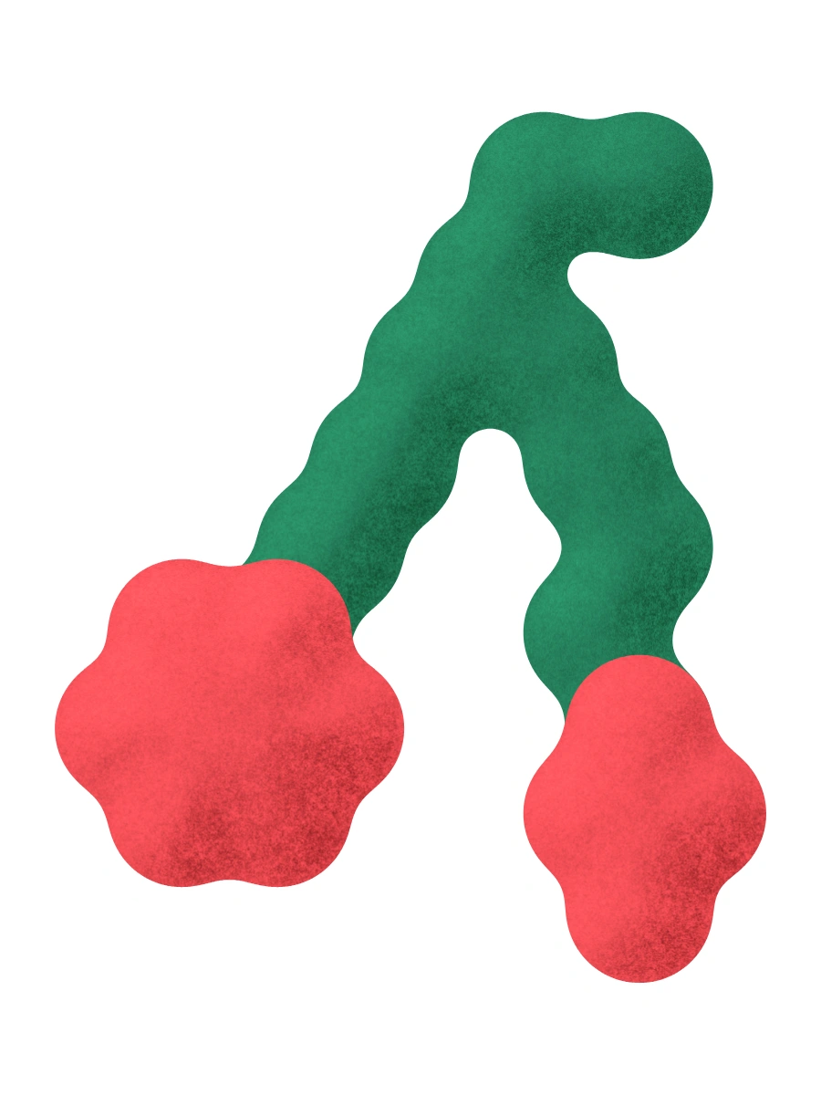 A pair of red cherries with green stems.