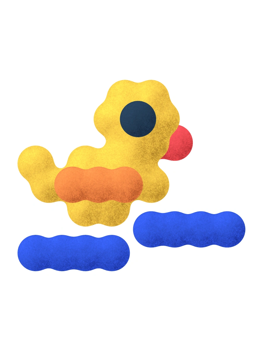 A yellow duck on blue water.