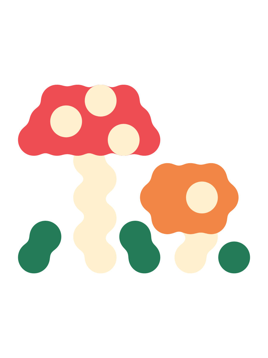 Red and orange mushrooms with green leaves.
