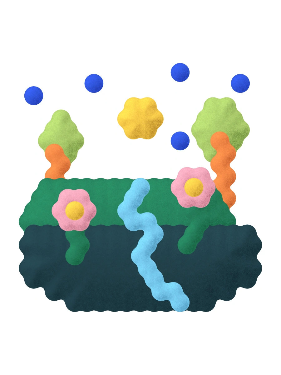 A tiny garden planet with colorful flowers and a blue stream.