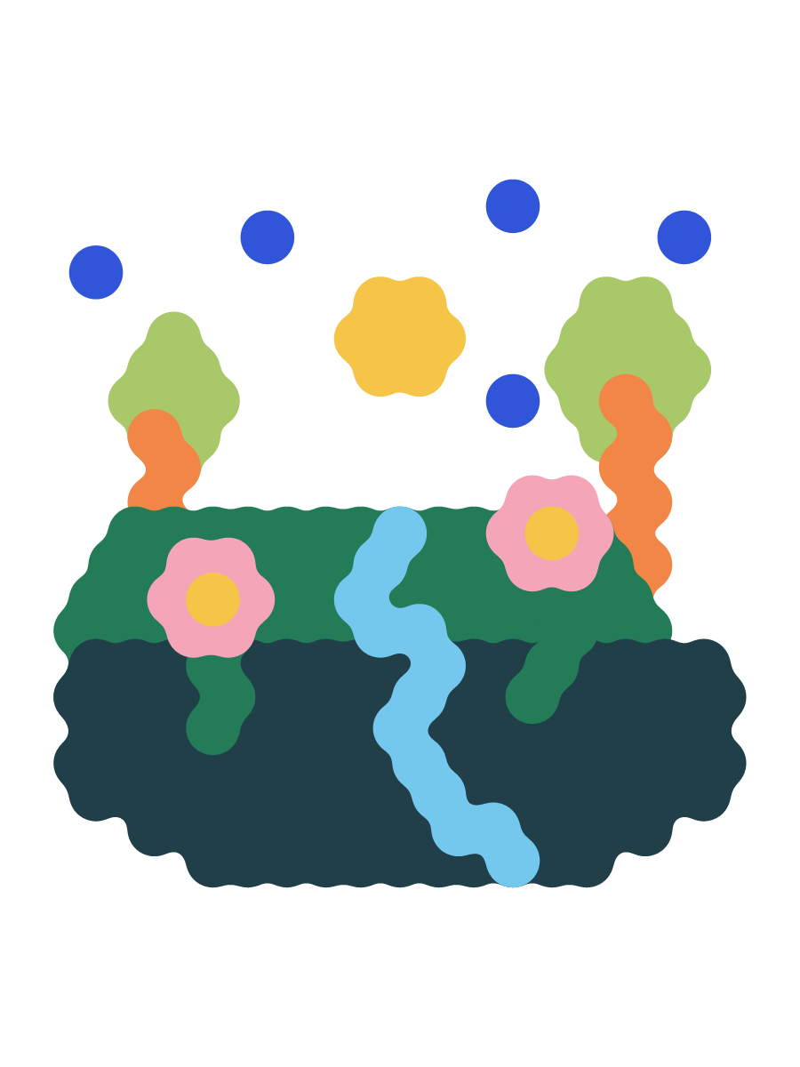 A tiny garden planet with colorful flowers and a blue stream.