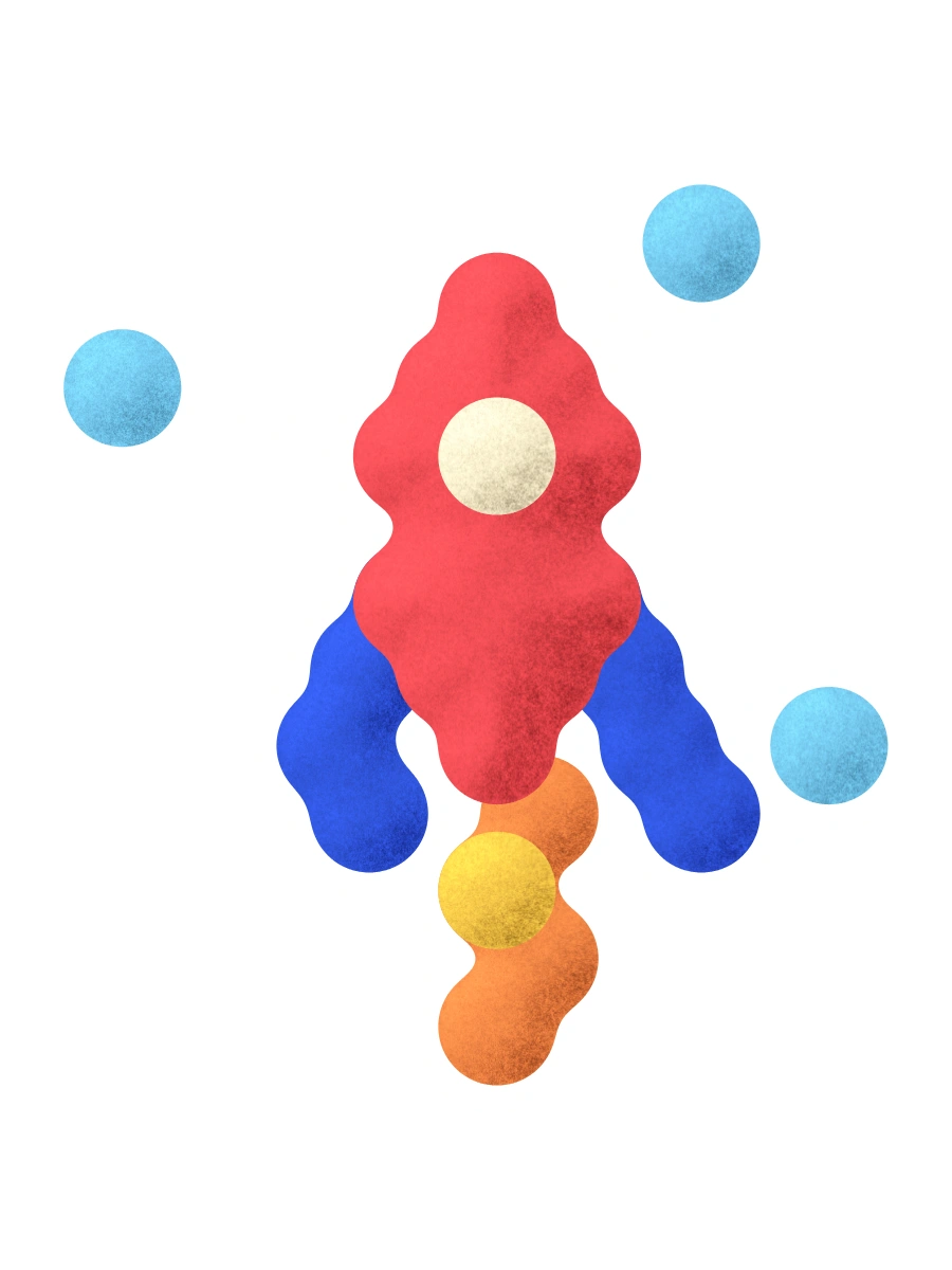 A red and blue rocket with an orange flame.