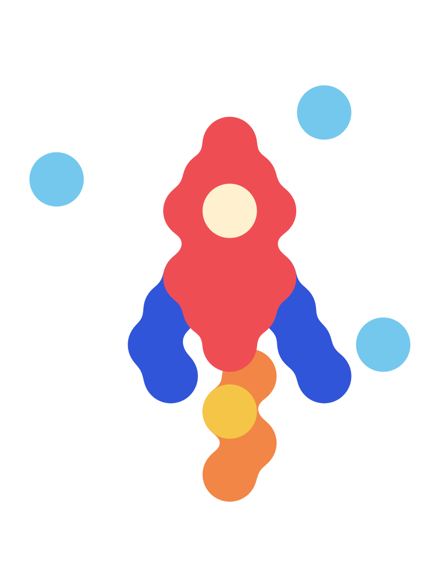 A red and blue rocket with an orange flame.