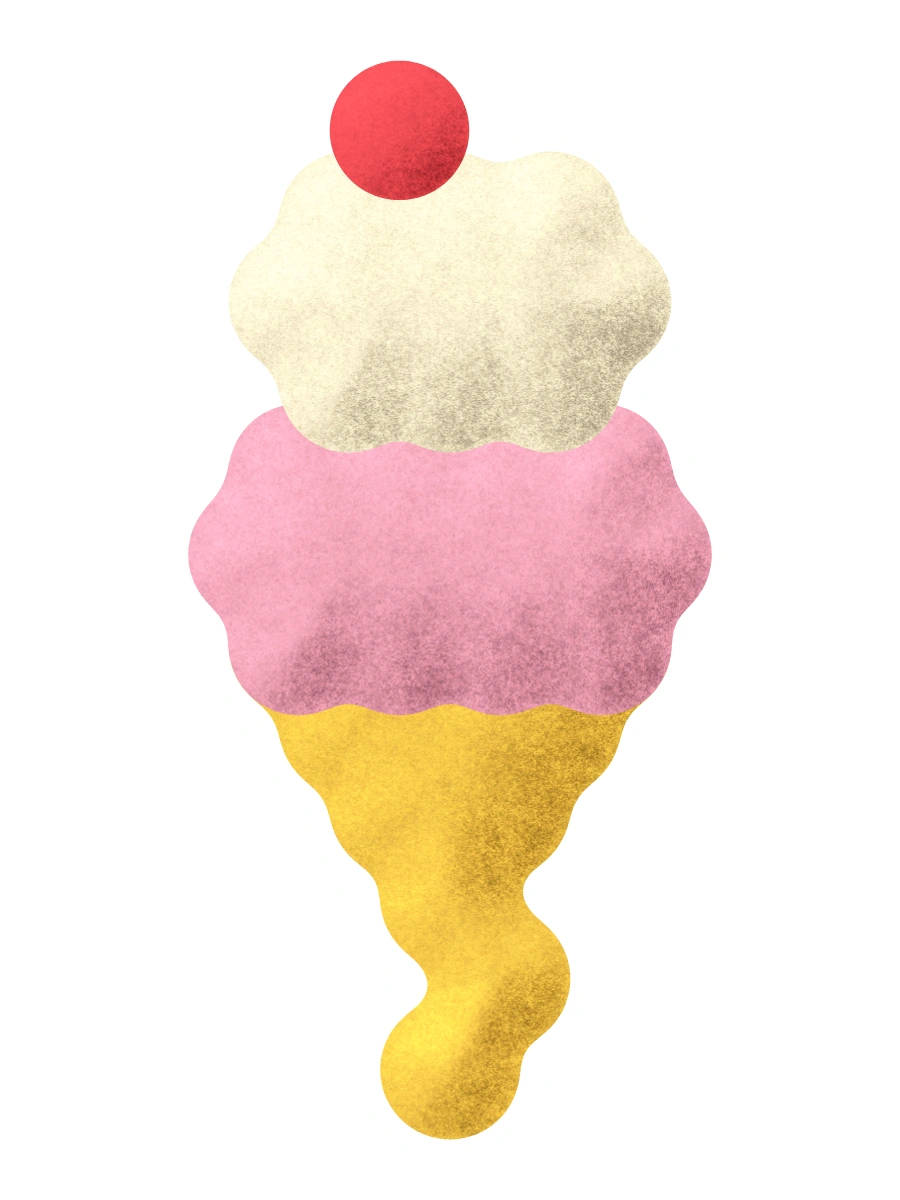 A pink and yellow ice cream with a cherry on top.