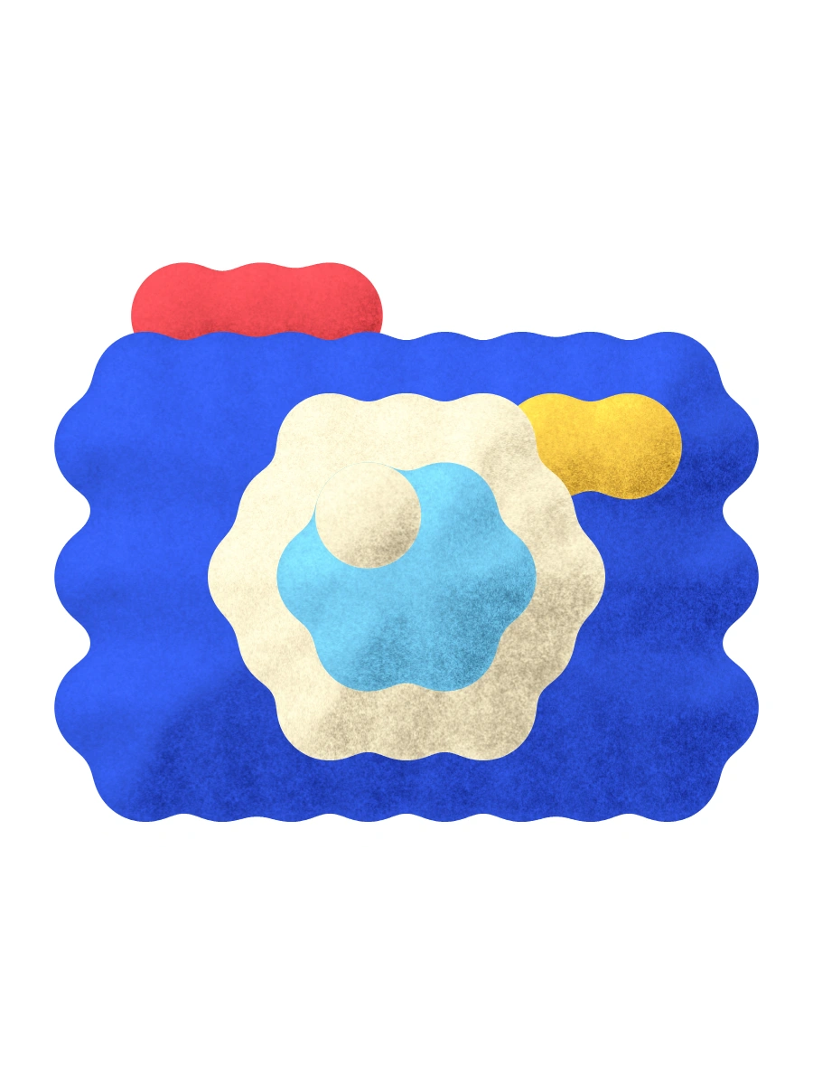 A bright blue pocket camera.