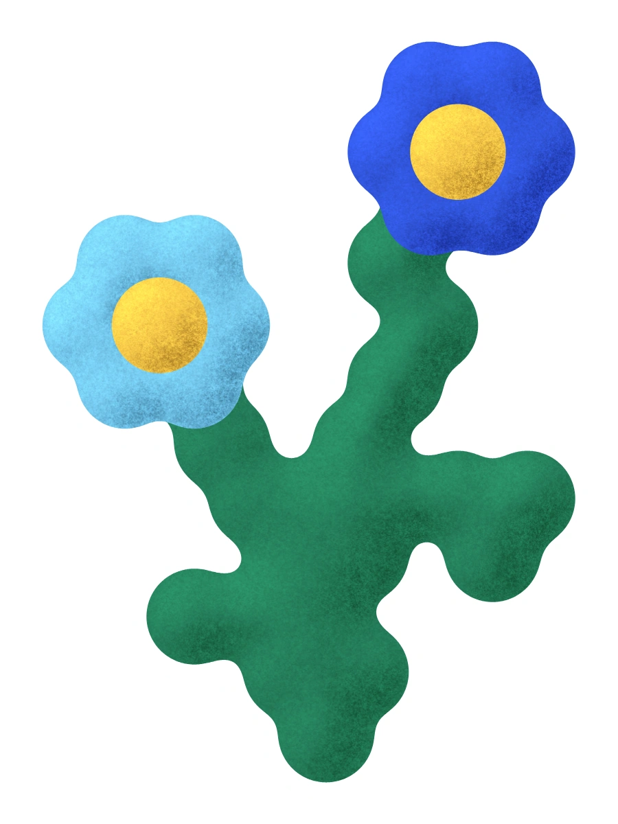 Two blue flowers on a wavy green stem.