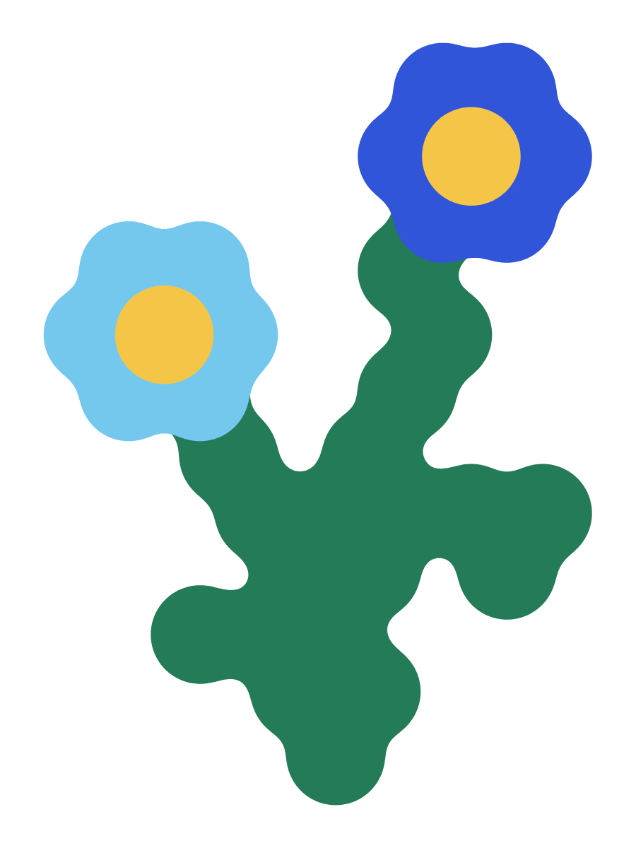 Two blue flowers on a wavy green stem.